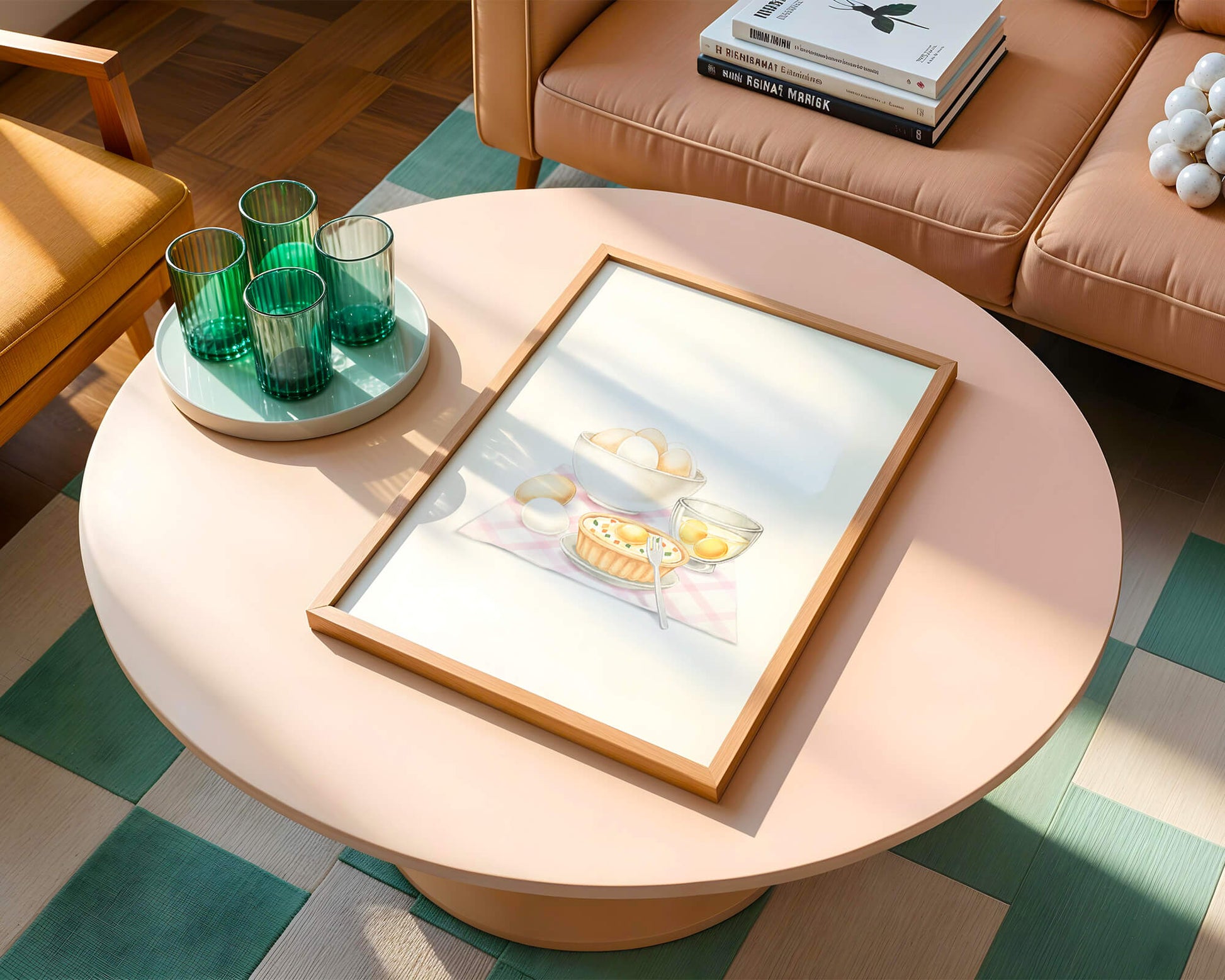 bowl of eggs and quiche on checkered cloth with fork in kitchen setting