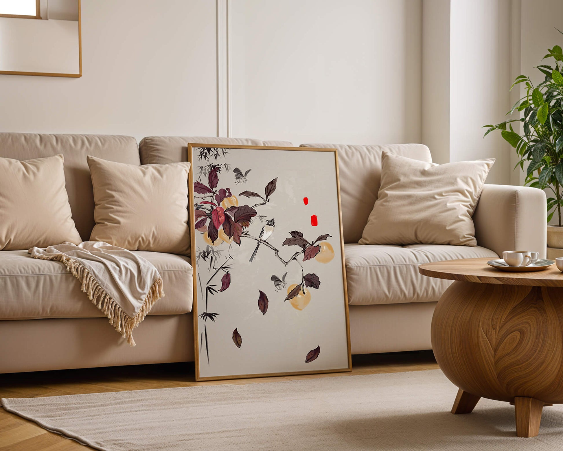 Elegant nature illustration featuring butterflies and birds on a branch