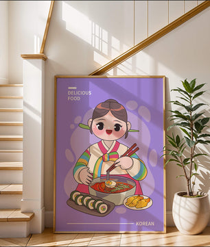 Charming illustration of Korean cuisine with a cheerful character