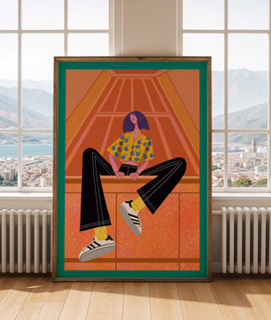 Stylish woman sitting in a vibrant geometric setting