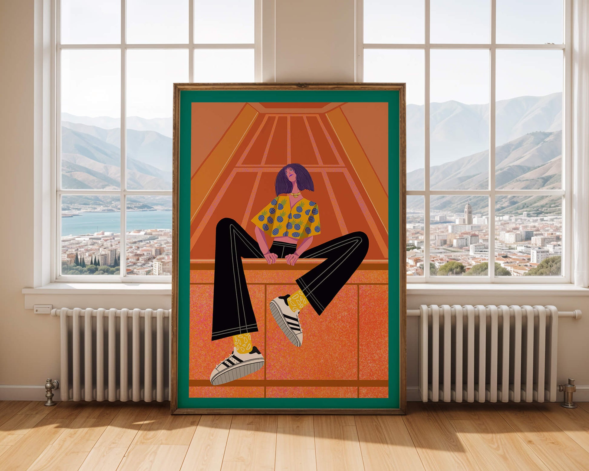 Stylish woman sitting in a vibrant geometric setting