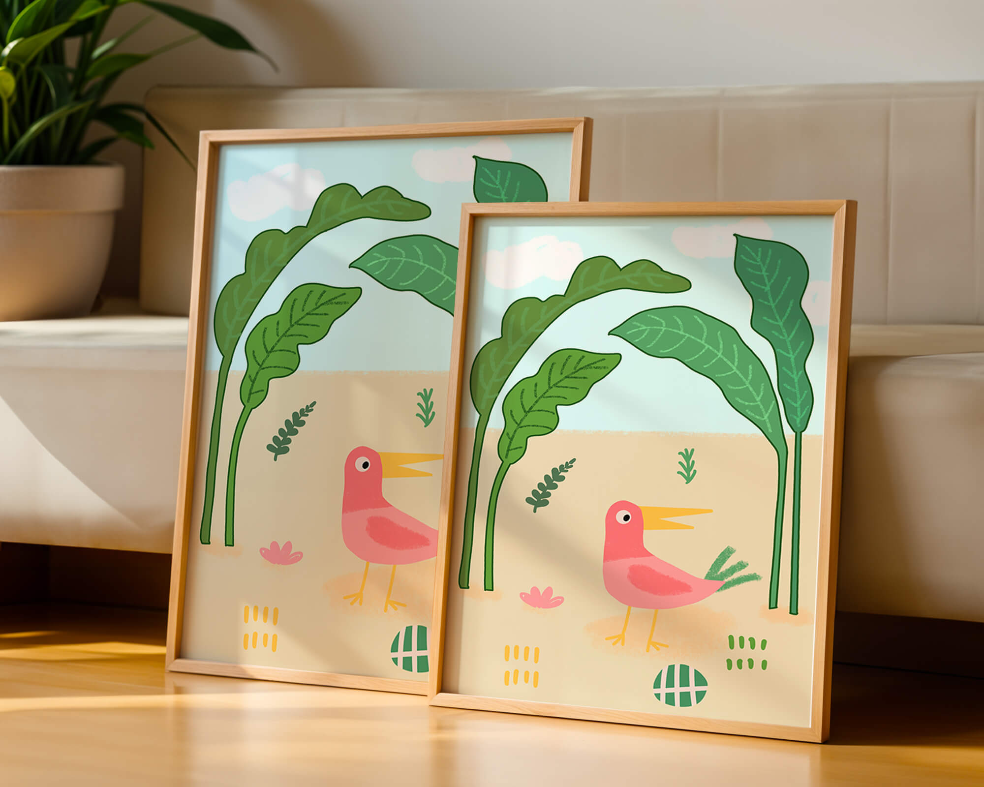 Colorful bird with large leaves and playful design