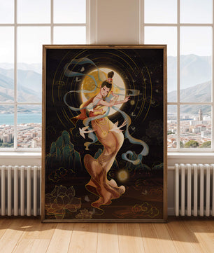 Elegant celestial dancer with gold elements in an ethereal fantasy scene