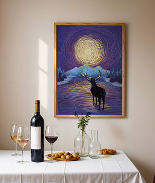 Moose Under Starry Night Sky with Radiant Moon