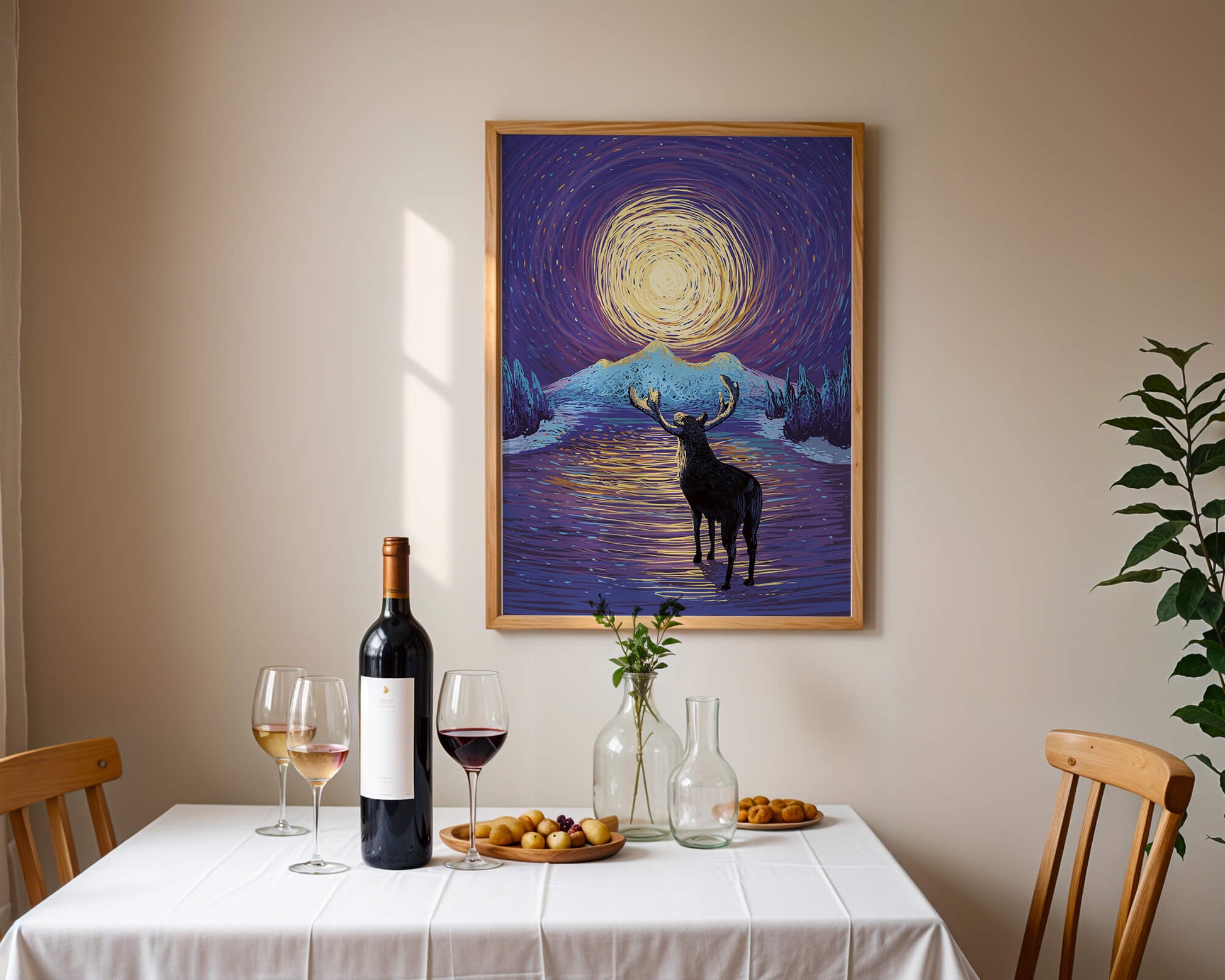 Moose Under Starry Night Sky with Radiant Moon