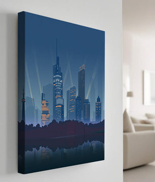Paisaje urbano moderno con rascacielos iluminados reflejándose en el agua