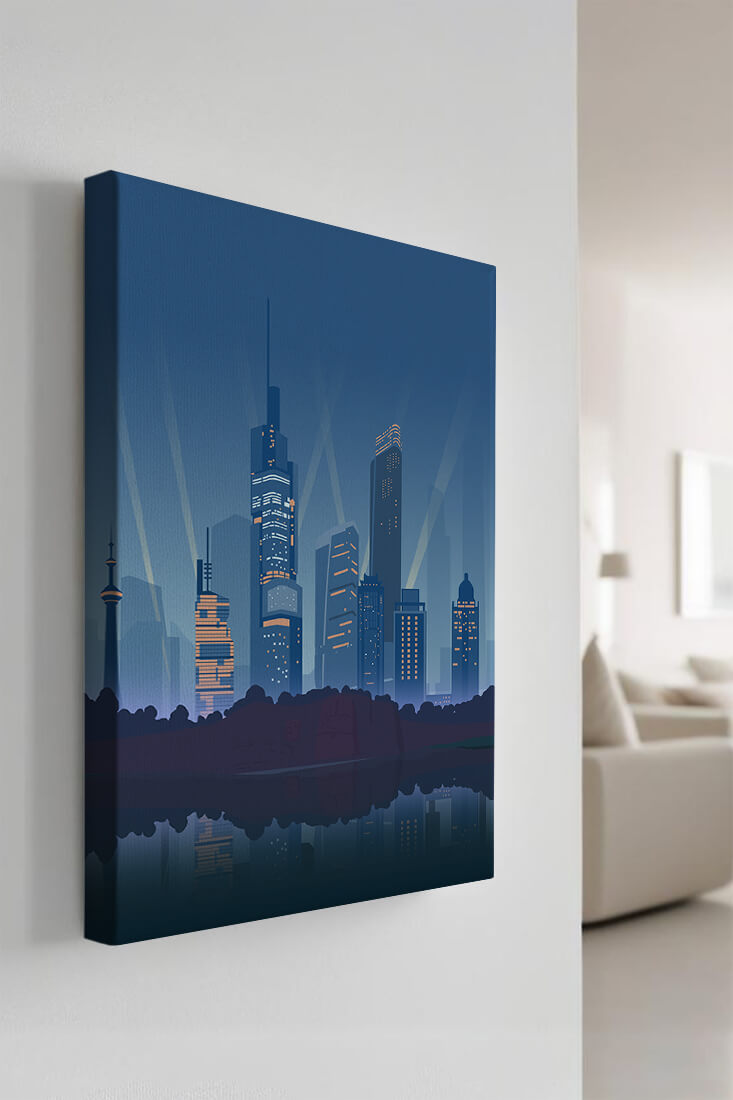 Modern cityscape with illuminated skyscrapers reflecting on water