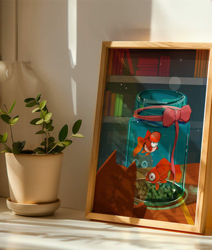 Neugierige Katze beobachtet Goldfische in einem Glas auf einem Bücherregal