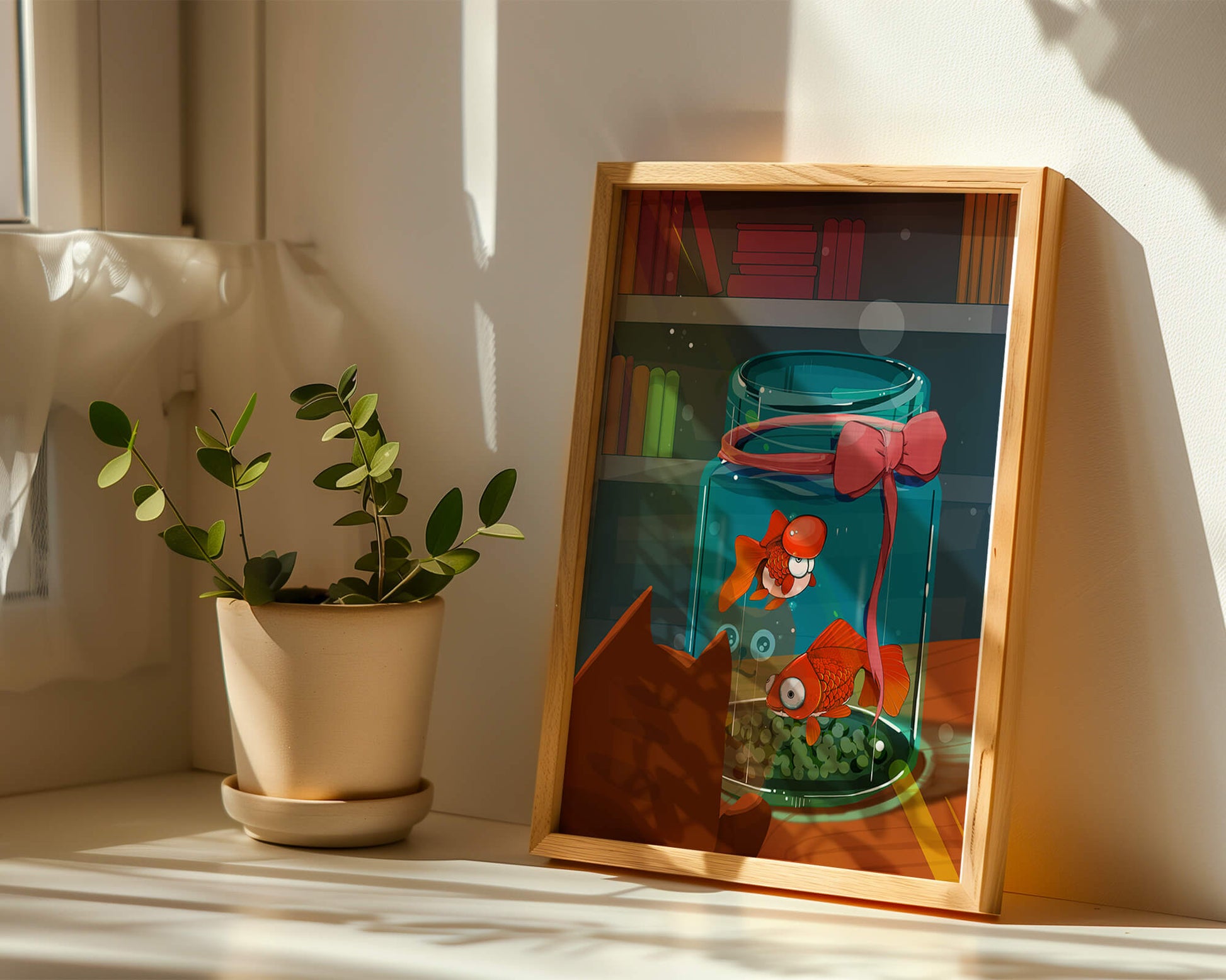 Neugierige Katze beobachtet Goldfische in einem Glas auf einem Bücherregal