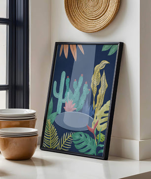 Ilustración botánica colorida con cactus y hojas tropicales