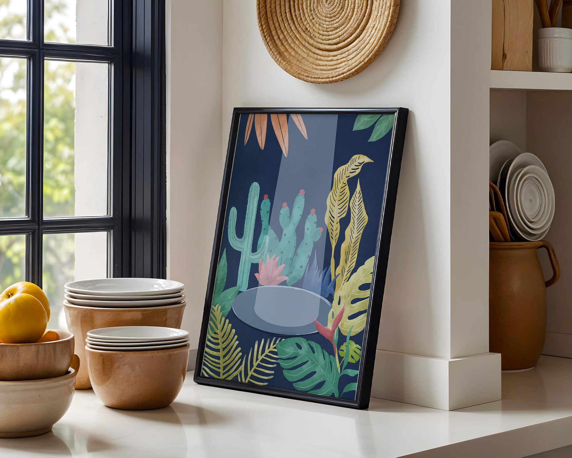 Colorful botanical illustration featuring cacti and tropical leaves