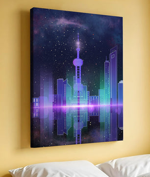 Futuristische Skyline mit leuchtenden Türmen unter sternenklarer Nacht