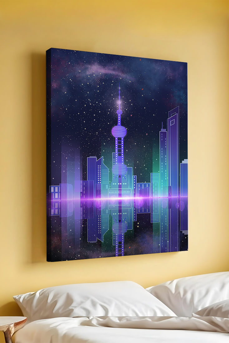 Futuristische Skyline mit leuchtenden Türmen unter sternenklarer Nacht