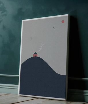 Minimalistische Landschaft mit Haus auf einem Hügel und Sonnenuntergang