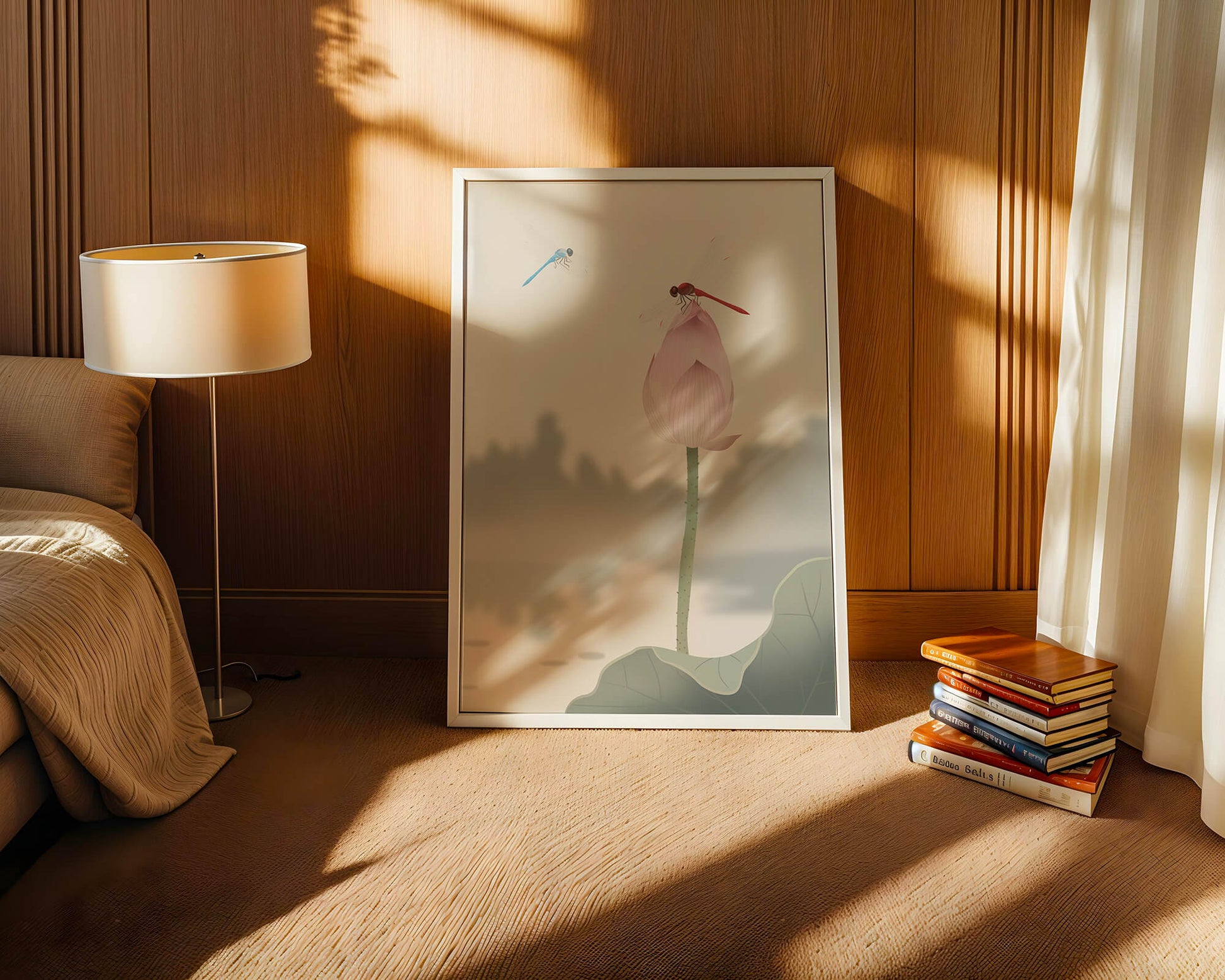 Libélulas sobre un capullo de loto con paisaje sereno