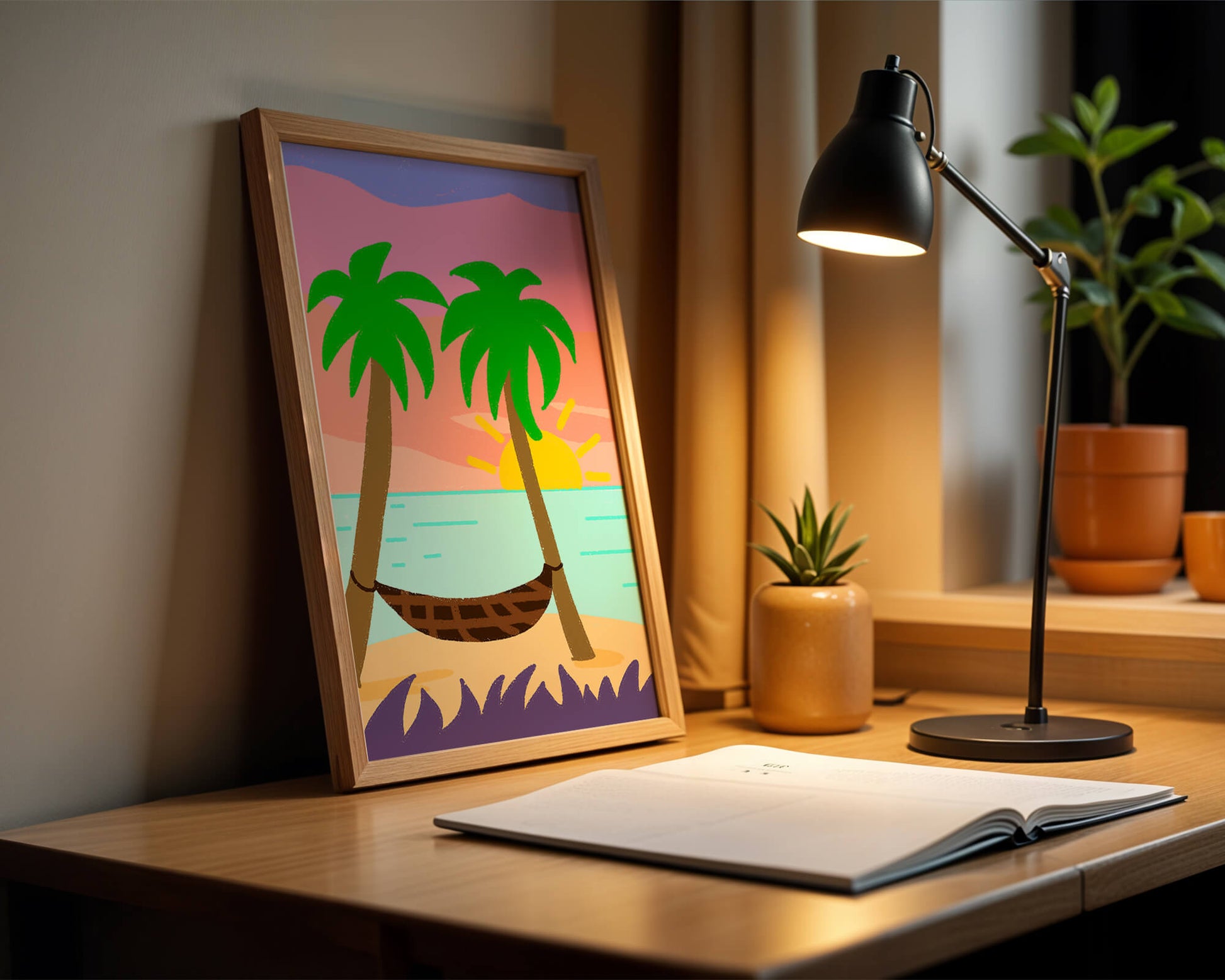 Tranquil beach scene with hammock and sunset