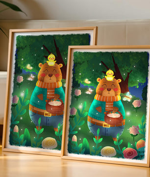 Charming bear in a colorful garden with flowers and fireflies