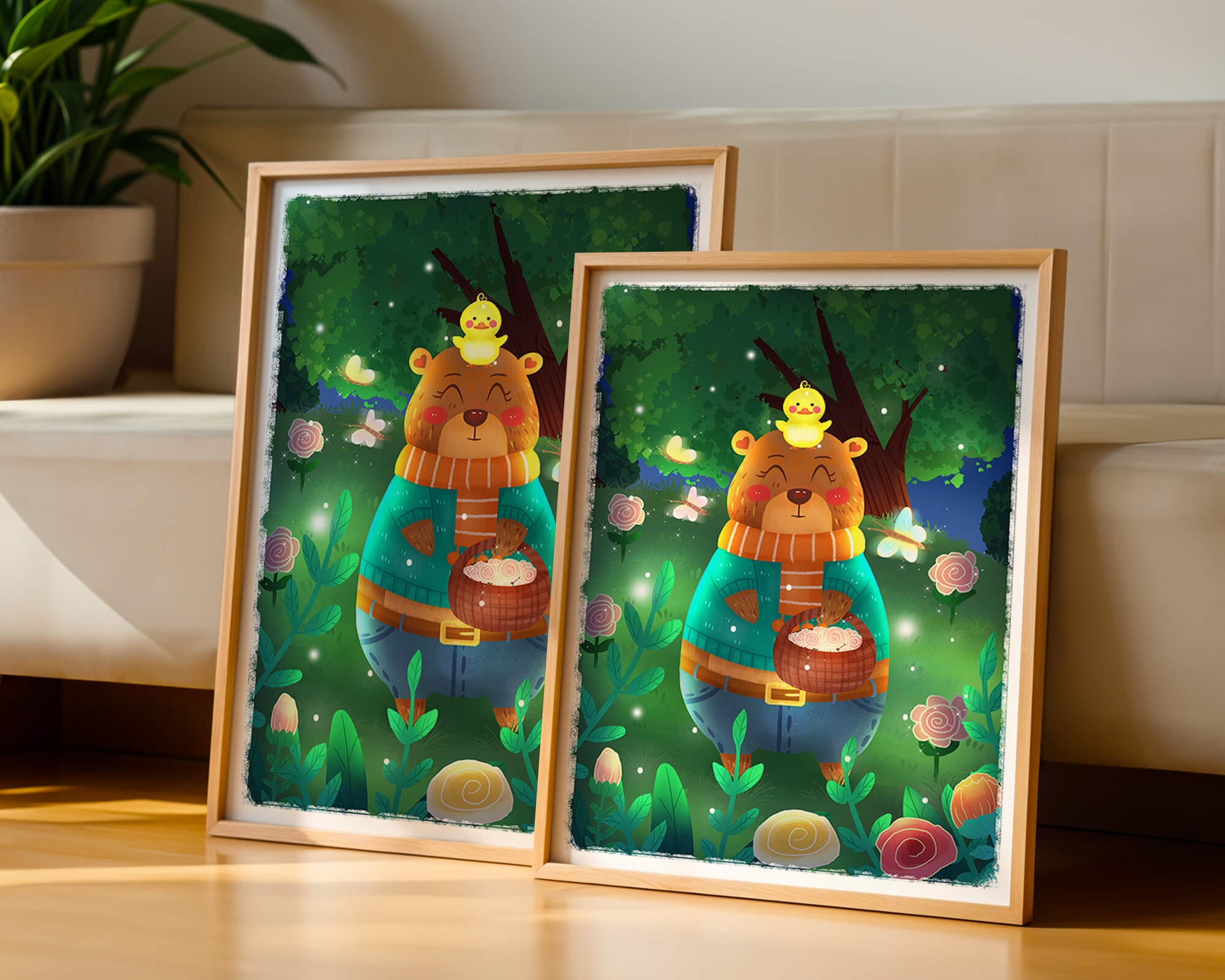 Charming bear in a colorful garden with flowers and fireflies