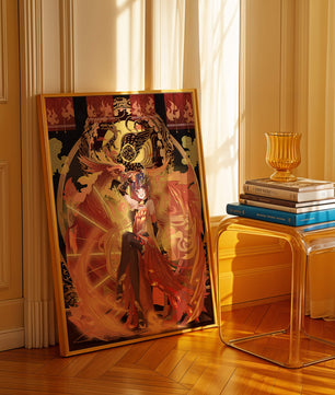 Art fantastique d'une fille avec un phénix majestueux aux couleurs flamboyantes