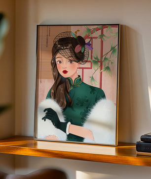 Elegant woman in vintage attire with netted hat and floral elements