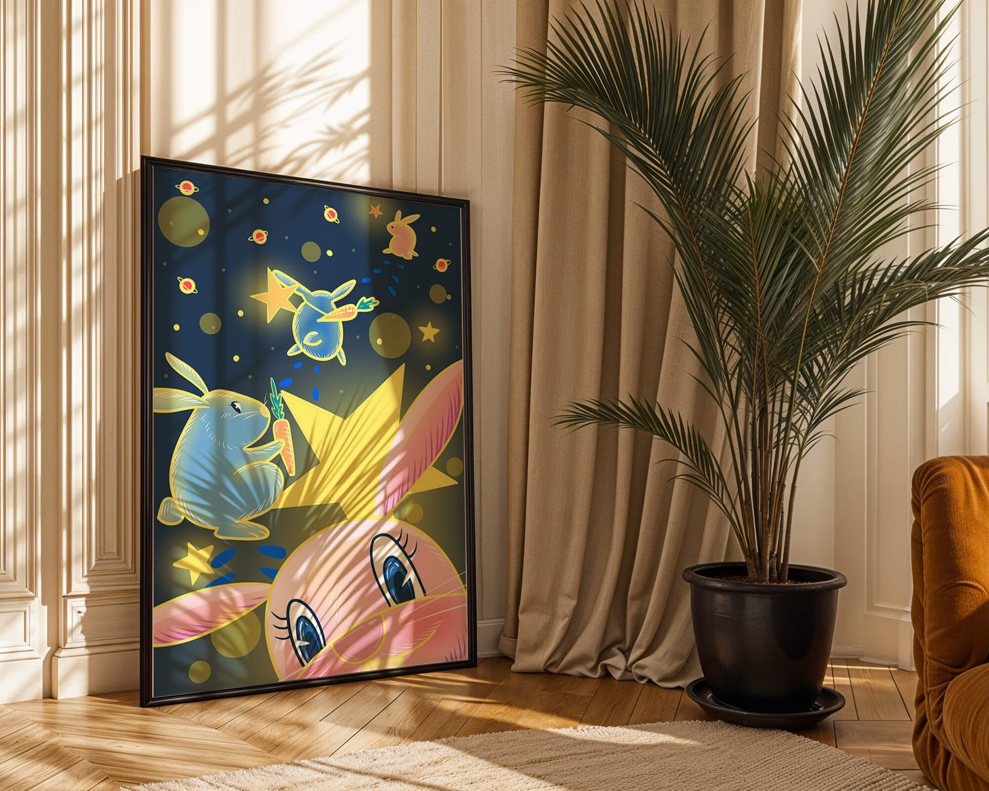 Playful bunnies with carrots and stars in a whimsical space scene