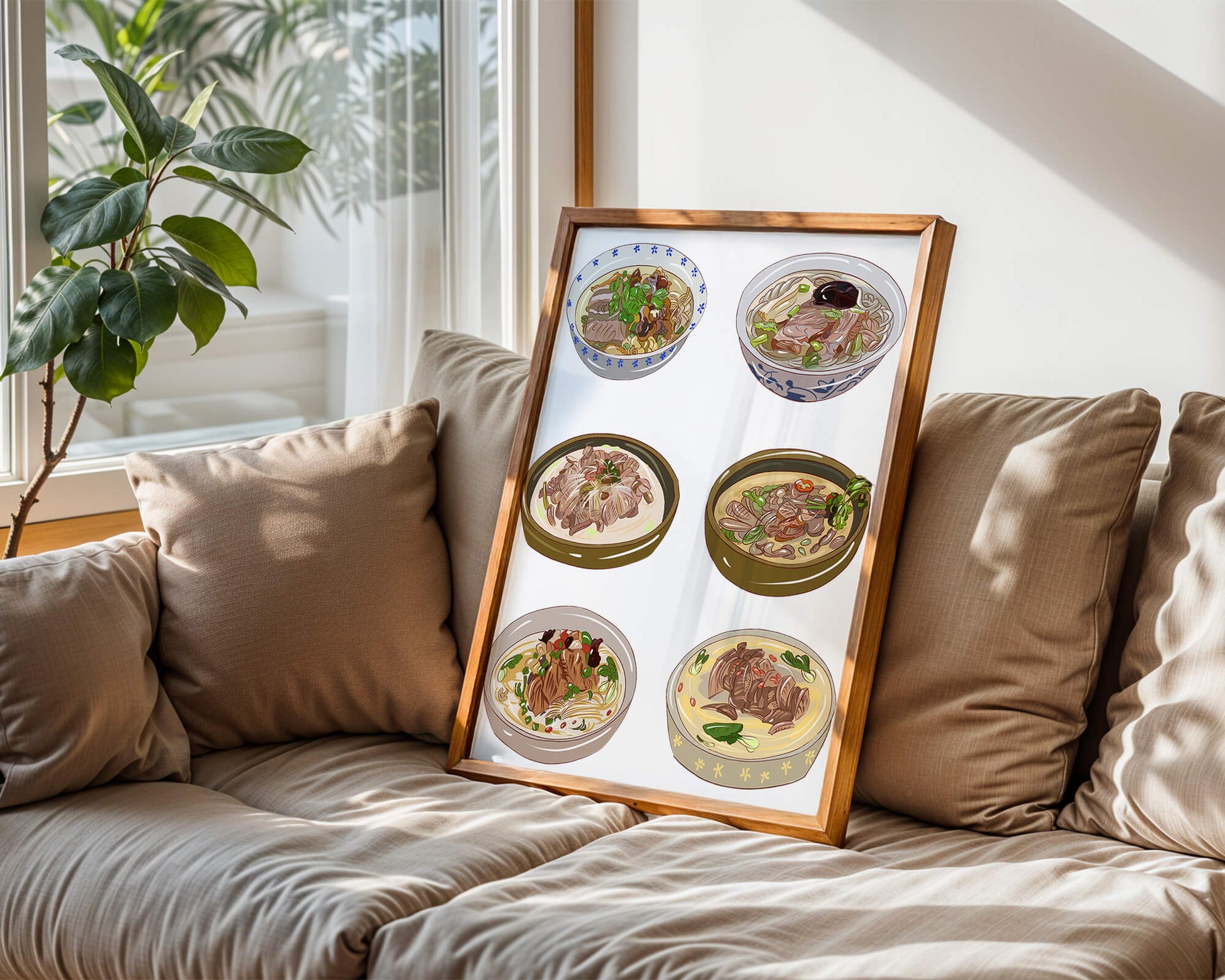 Illustrated bowls of Asian noodle soups with herbs and vegetables