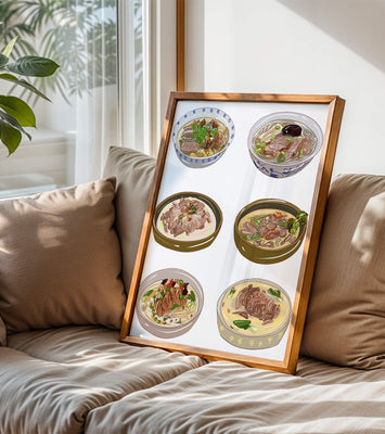 Illustrated bowls of Asian noodle soups with herbs and vegetables