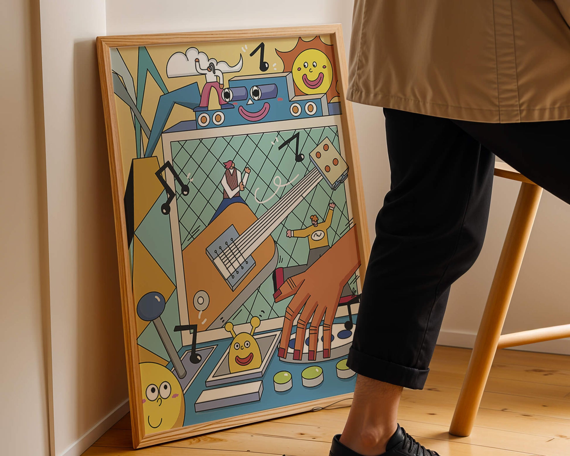Colorful Cartoon Collage with Musical Elements and Smiling Faces