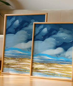 Dynamic Ocean Waves Under Cloudy Sky With Seagulls And Gold-Tinted Sand