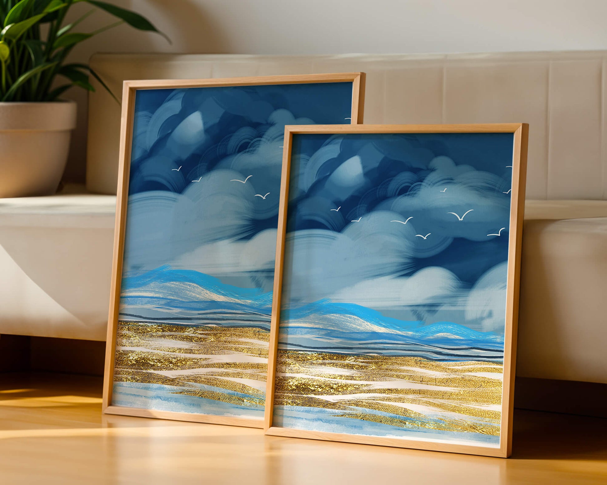 Dynamic Ocean Waves Under Cloudy Sky With Seagulls And Gold-Tinted Sand