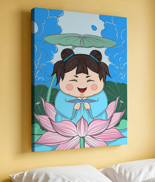 Whimsical illustration of a joyful child with lotus and umbrella