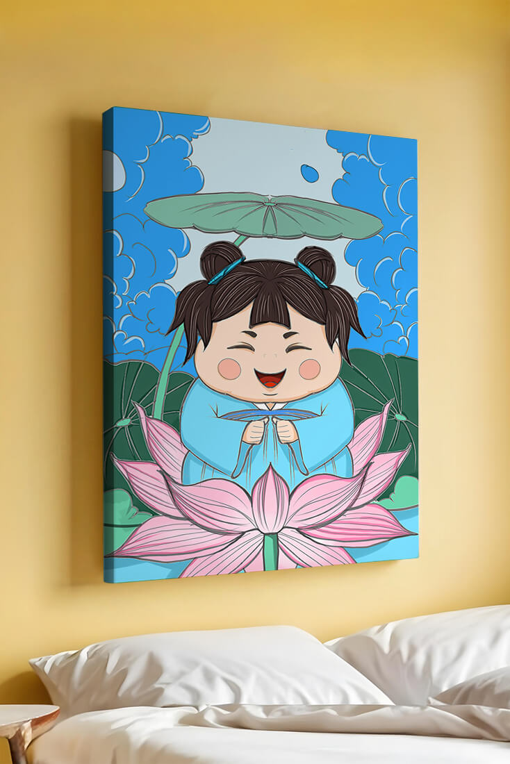 Whimsical illustration of a joyful child with lotus and umbrella