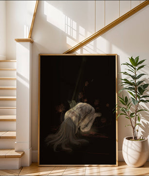 Abstract depiction of a figure surrounded by floral elements