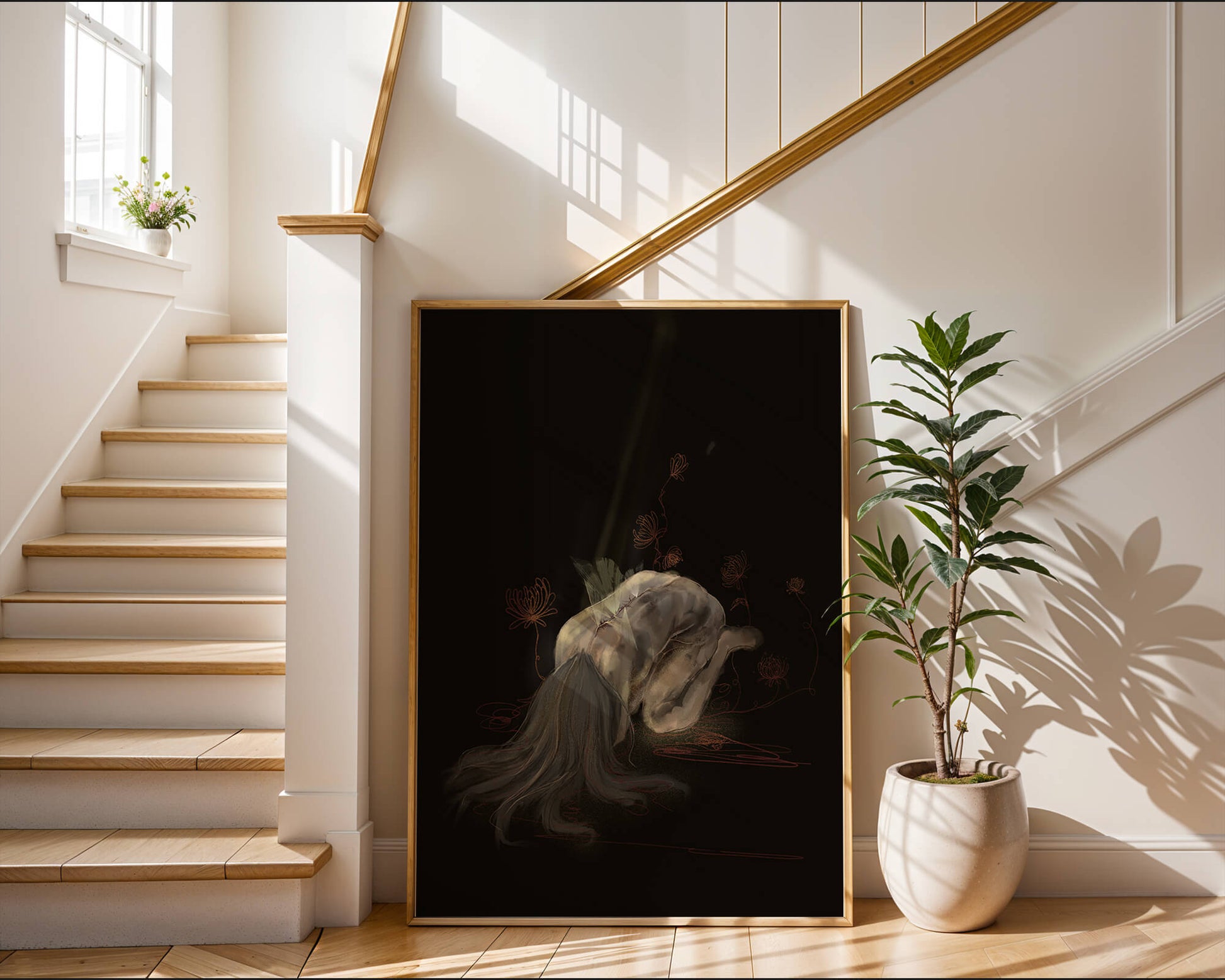 Abstract depiction of a figure surrounded by floral elements
