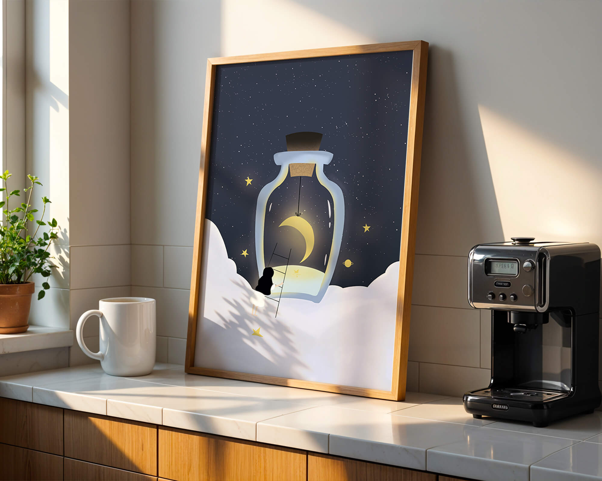 Fantasy Scene with Girl and Moon in a Bottle