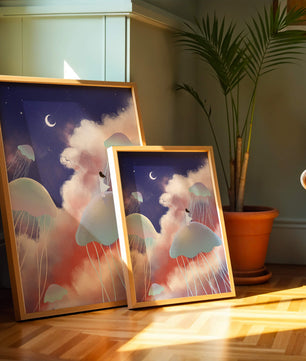 Dreamy Scene with Floating Jellyfish and Moonlit Sky