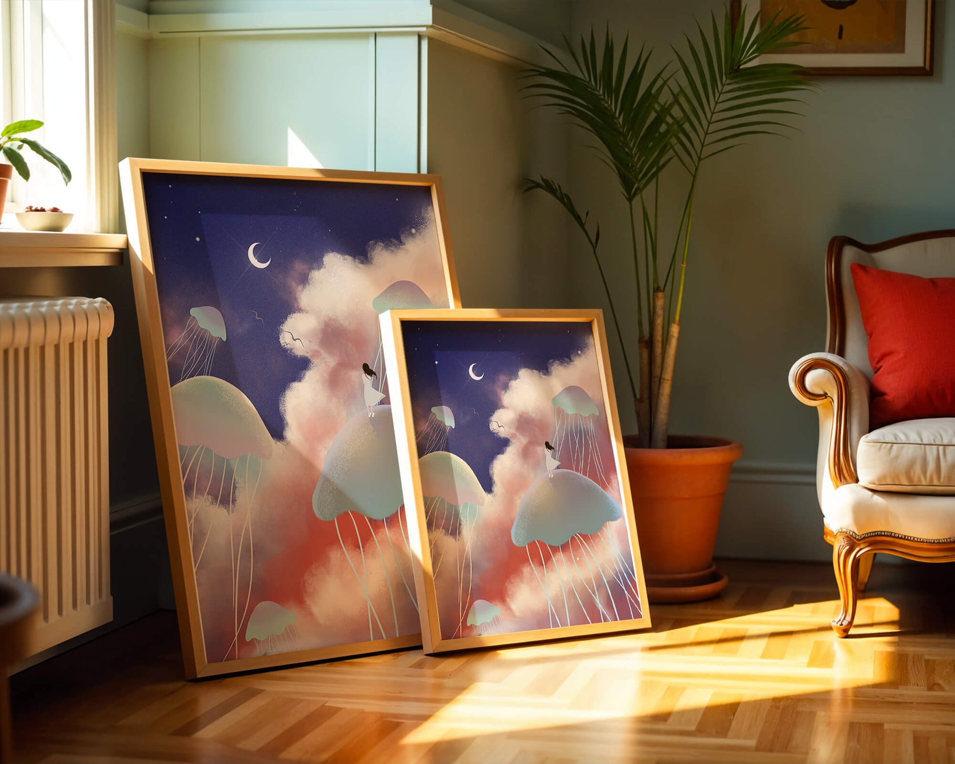 Dreamy Scene with Floating Jellyfish and Moonlit Sky