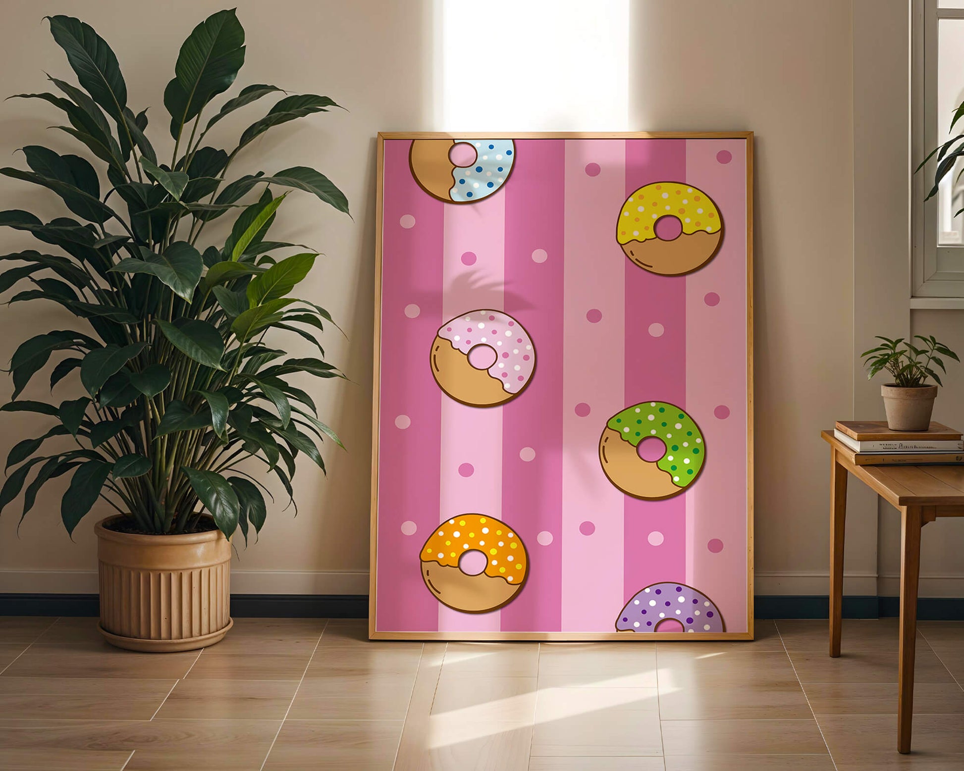 Colorful donut pattern on pink striped background