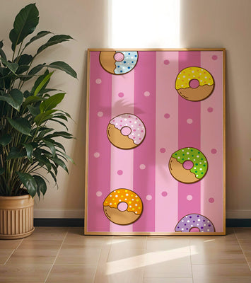 Colorful donut pattern on pink striped background