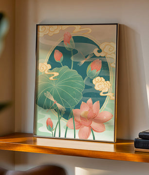 Ruhiges orientalisches Lotus-Design mit Libellen und Wolken