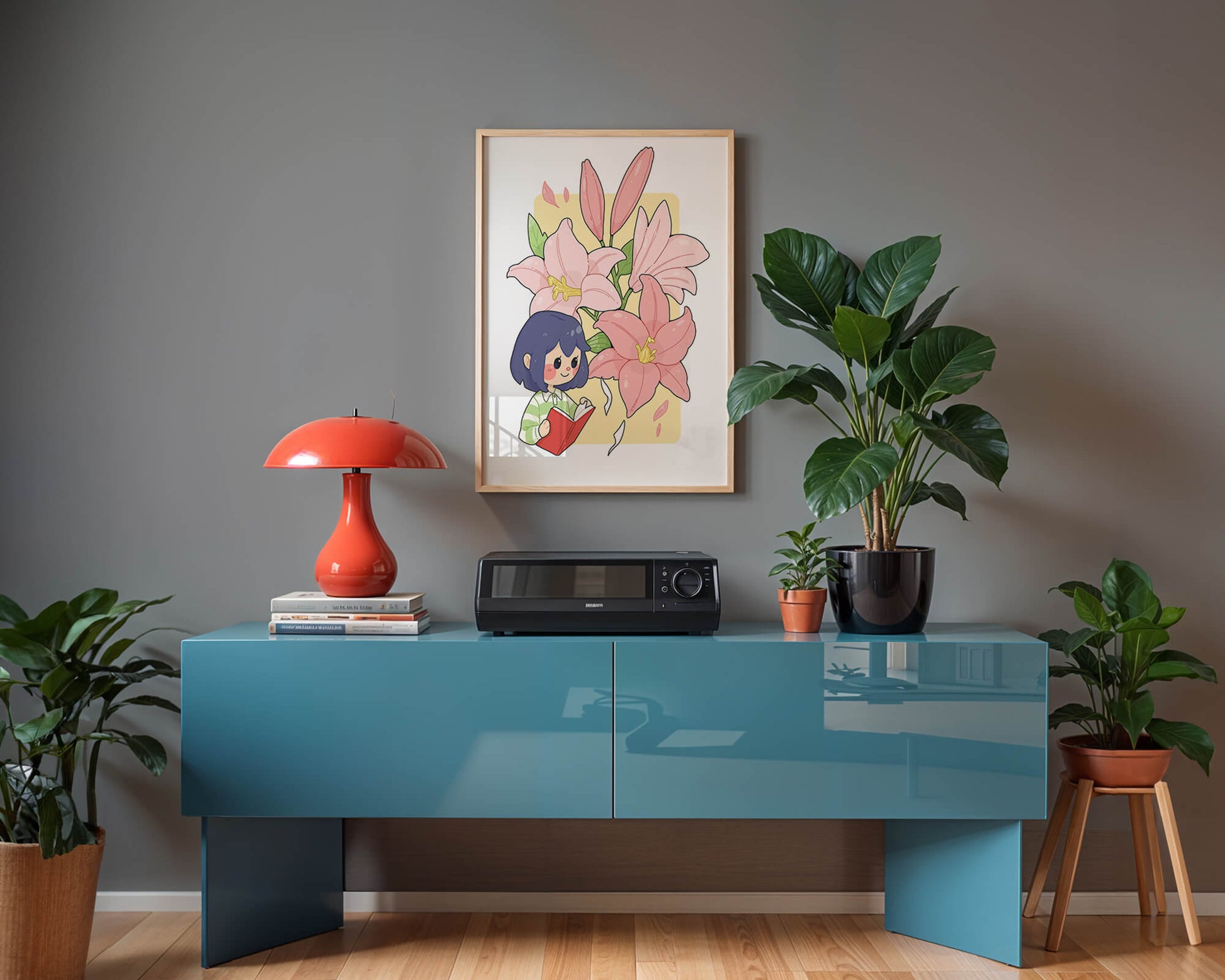 Illustration of a girl reading with large pink lilies in the background