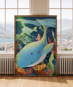 Fantasievolle Unterwasserszene mit einem Mädchen auf einem Wal und farbenfrohem Meeresleben