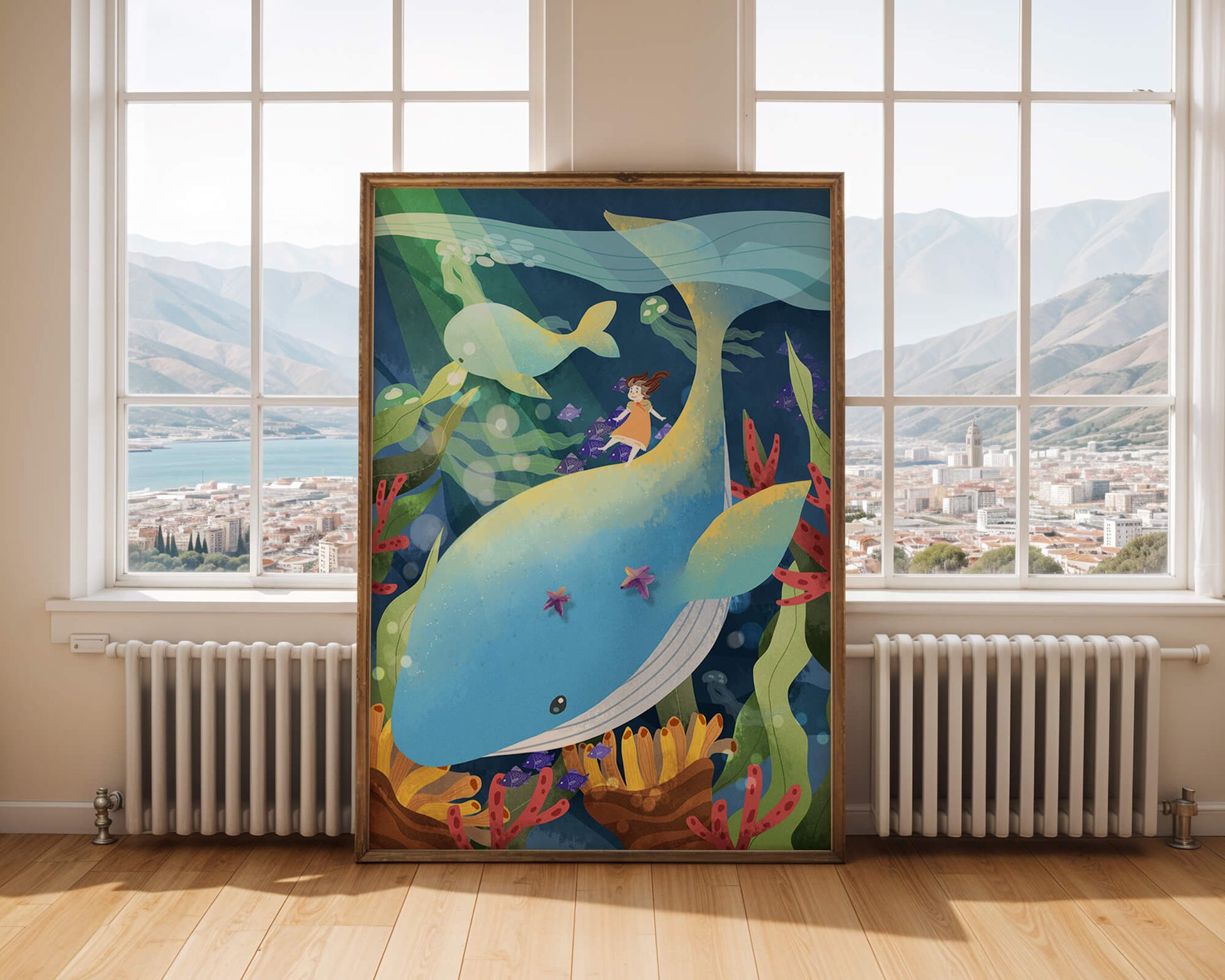 Fantasievolle Unterwasserszene mit einem Mädchen auf einem Wal und farbenfrohem Meeresleben