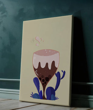 Illustration eines skurrilen Weinglases mit Flüssigkeitsspritzern und violetten Pflanzen