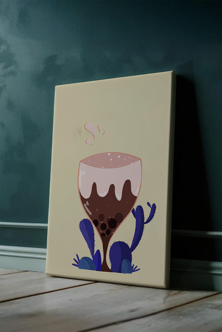 Illustration of a whimsical wine glass with liquid splash and purple plants
