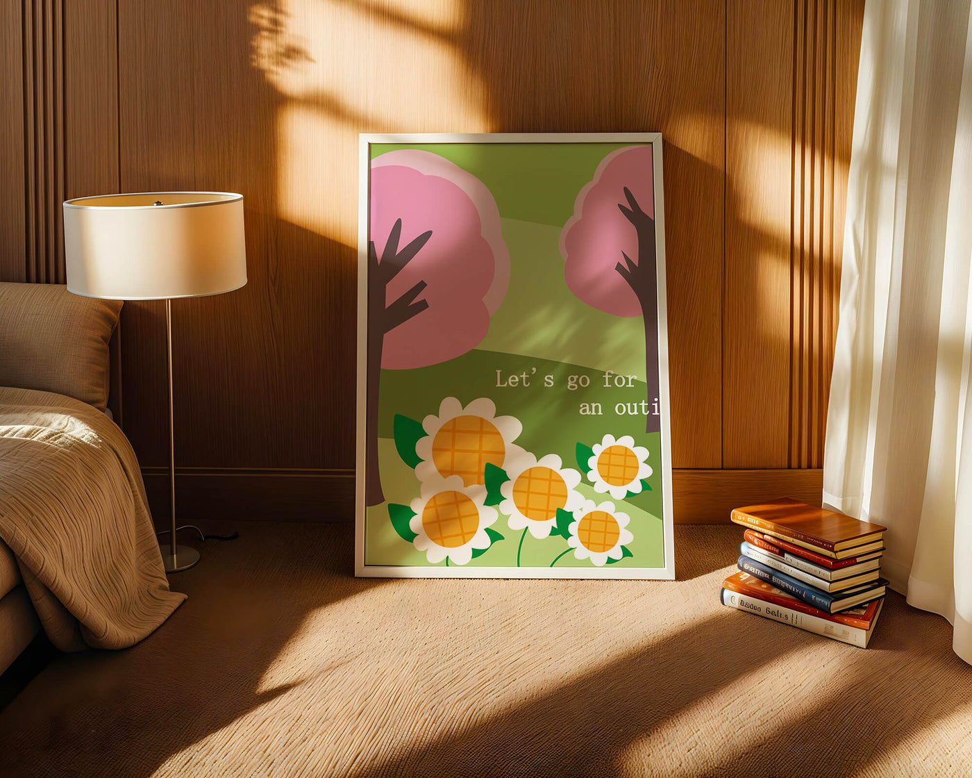 Charming spring landscape with pink trees and daisies