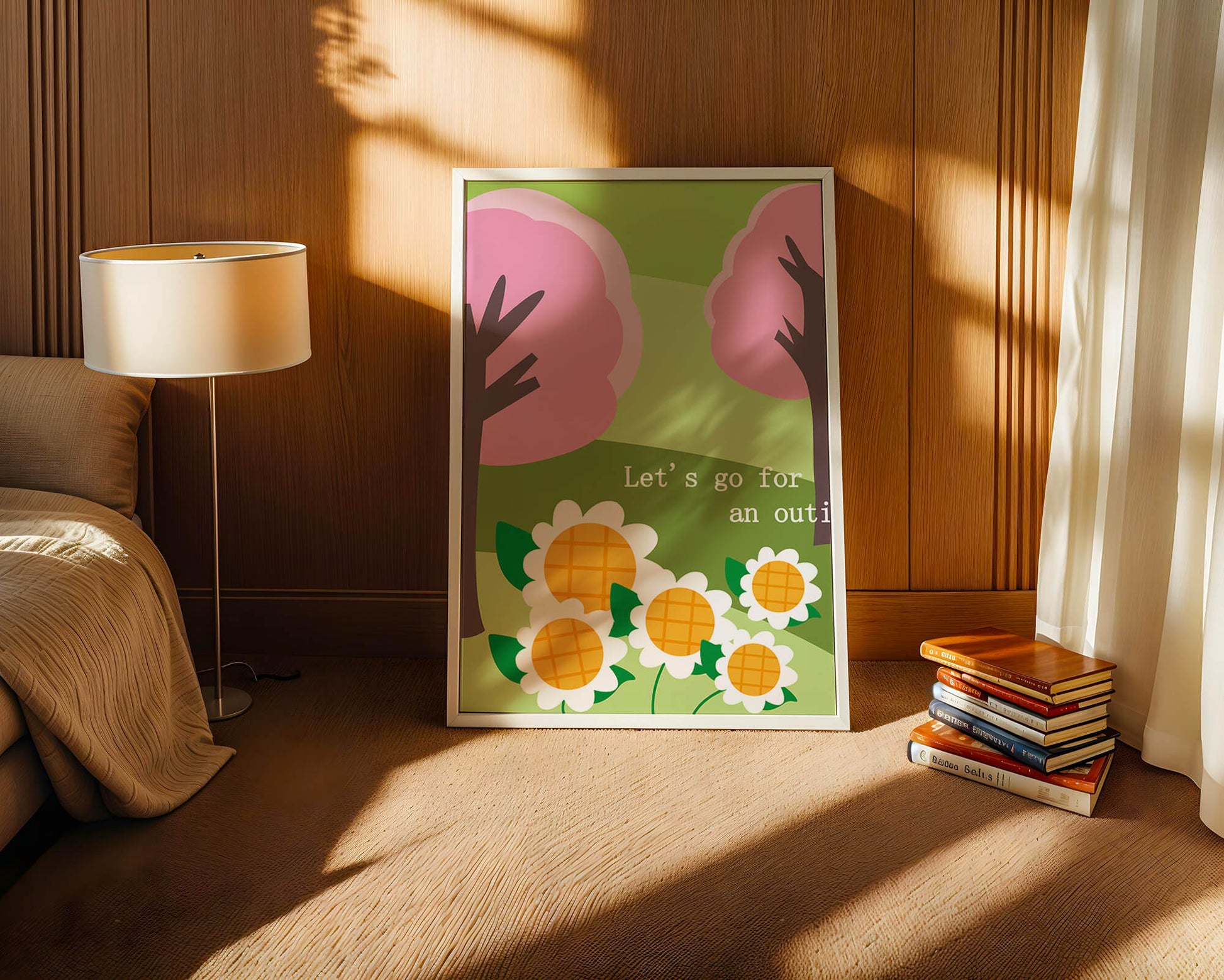 Charming spring landscape with pink trees and daisies