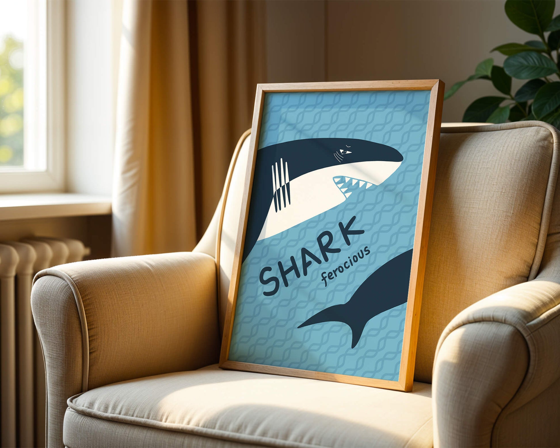 Illustrated shark graphic with blue background and typography