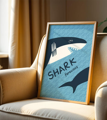 Illustrated shark graphic with blue background and typography