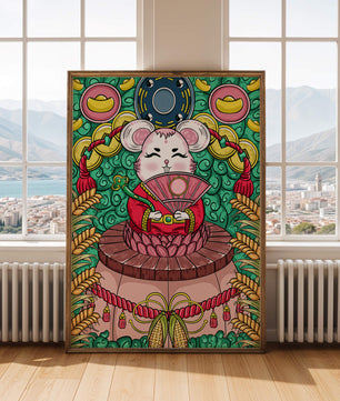 Ratón decorativo encantador con elementos asiáticos y monedas sobre un fondo vibrante